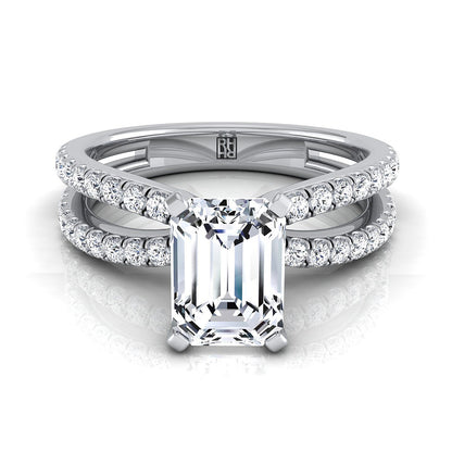 Carole Select Two Row Pavé Split Shank Ec Emerald Cut Lab Diamond Engagement Ring in 18K White Gold | RockHer