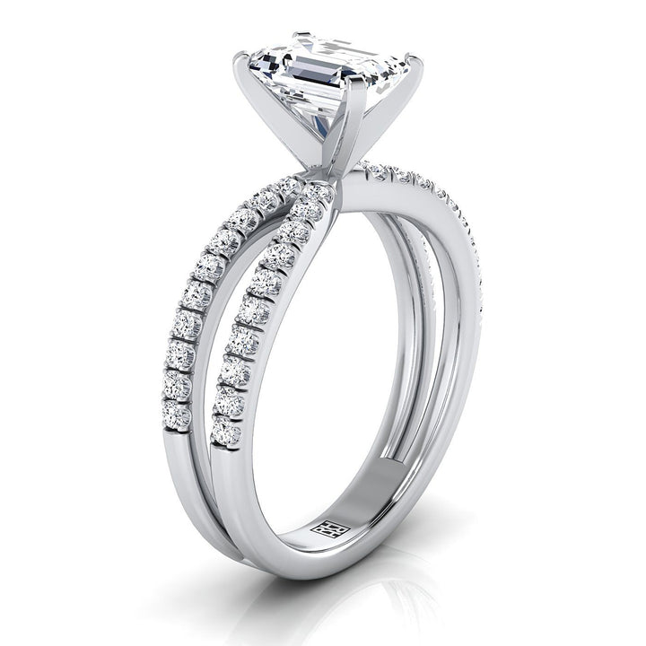 Carole Select Two Row Pavé Split Shank Ec Emerald Cut Lab Diamond Engagement Ring in 18K White Gold | RockHer