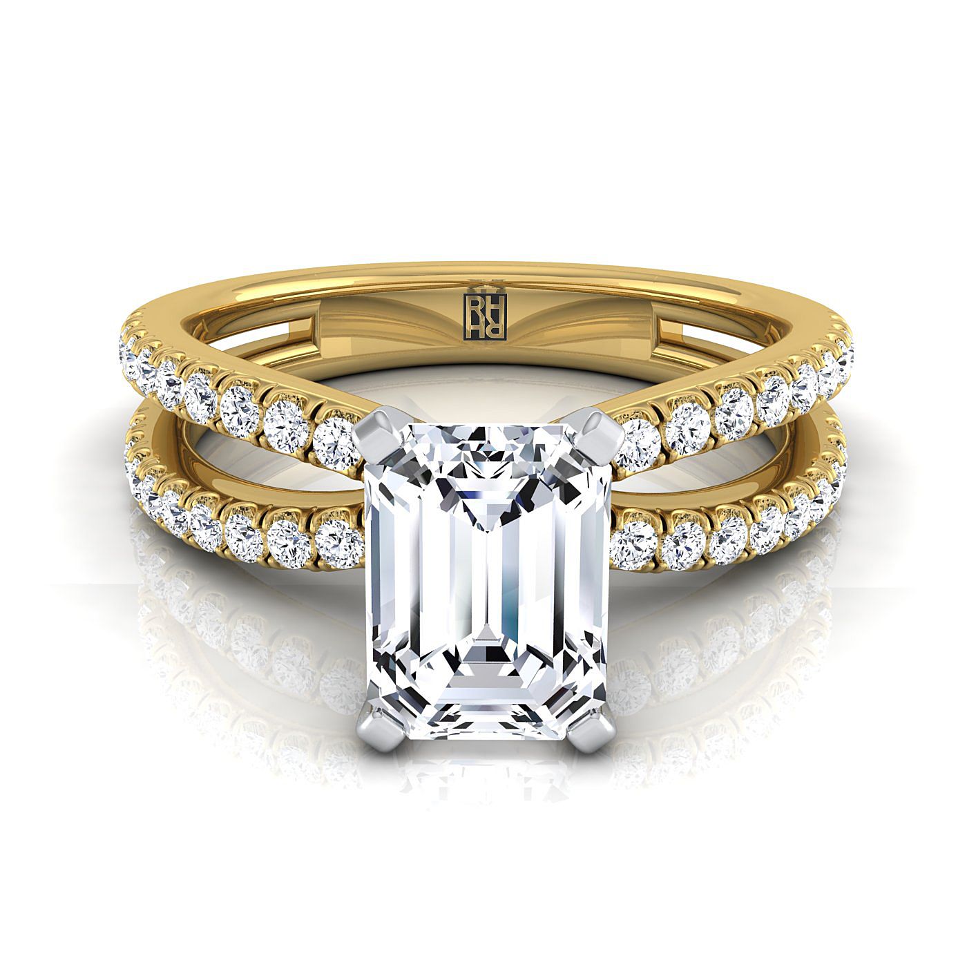 Carole Select Two Row Pavé Split Shank Emerald Cut Lab Diamond Engagement Ring in 18K Yellow Gold | RockHer