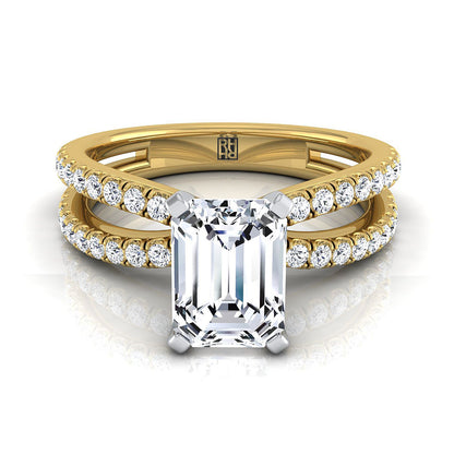 European Cut, Two Row Pavé Split Shank Emerald, in 18K Yellow Gold | RockHer