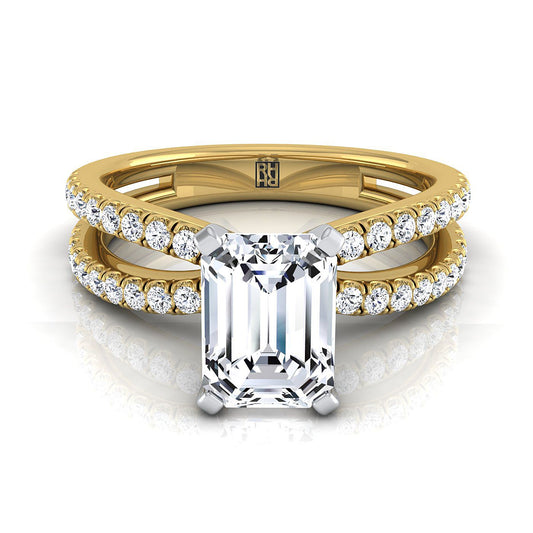 18K Yellow Gold Emerald Cut Diamond Two Row Pavé Split Shank Engagement Ring -1/3ctw