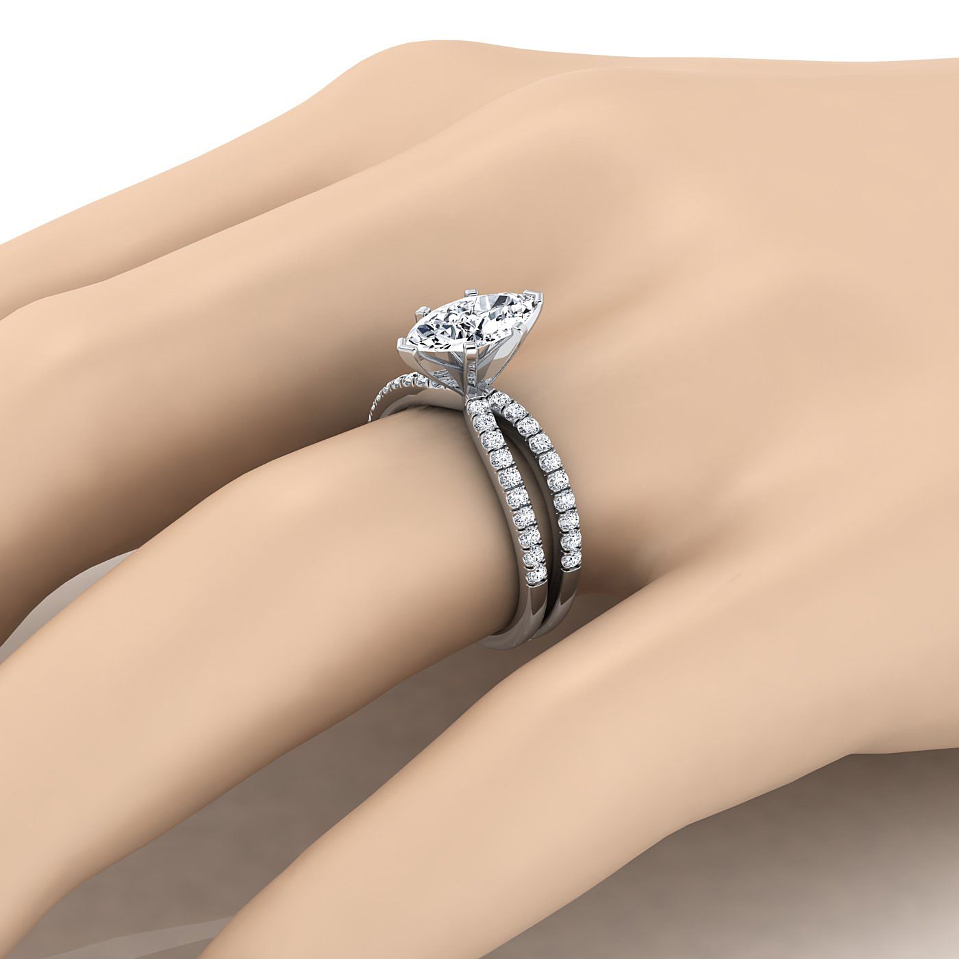The Carole engagement ring setting, select two row pavé split shank, marquise, 18K White Gold | RockHer
