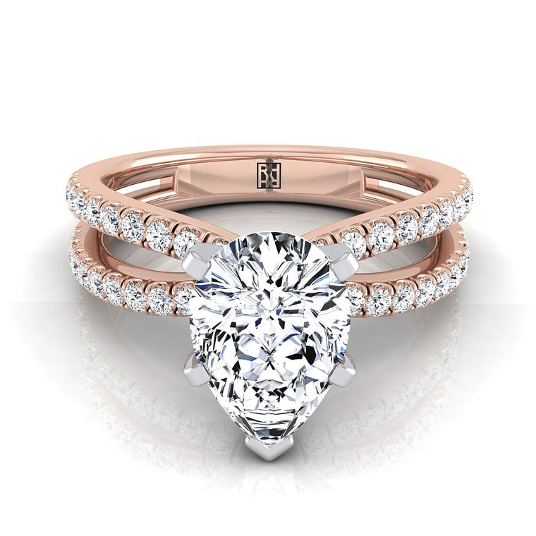 The Carole Two Row Pavé Split Shank Pear Engagement Ring Setting in 14K Rose Gold