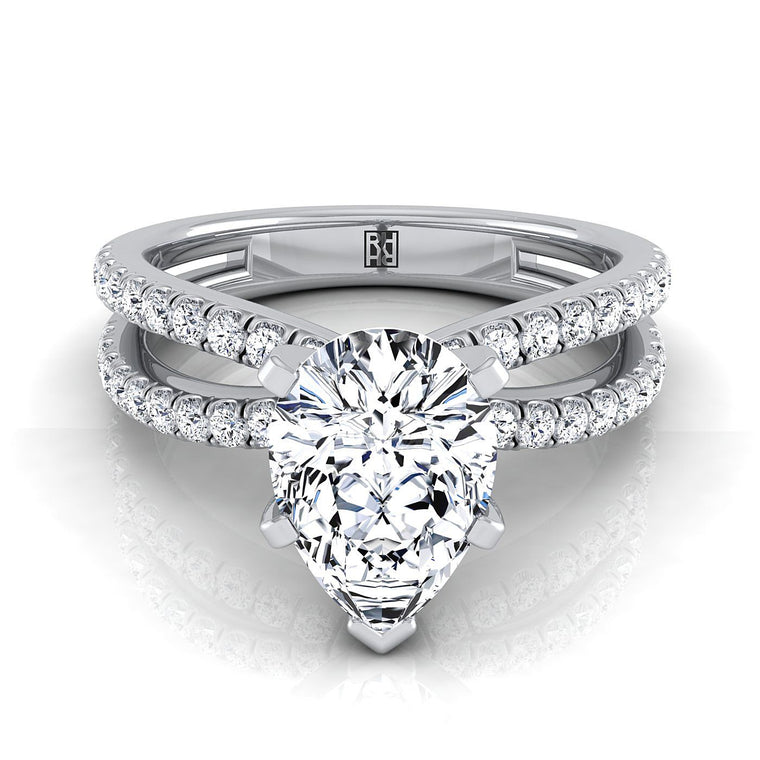 The Carole Two Row Pavé Split Shank Pear Engagement Ring Setting in 18K White Gold