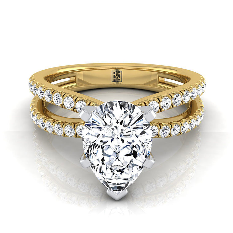 The Carole Two Row Pavé Split Shank Pear Engagement Ring Setting in 18K Yellow Gold