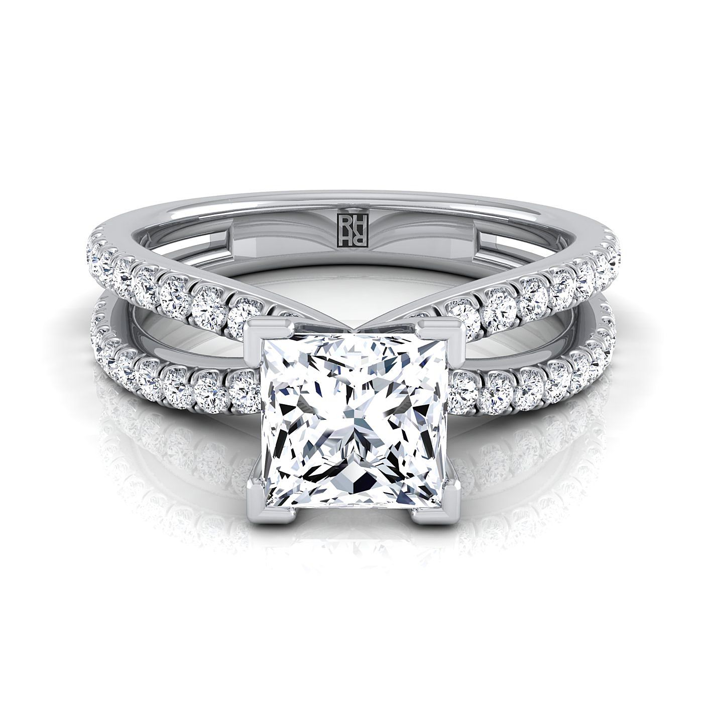 14K White Gold Princess Cut Diamond Two Row Pavé Split Shank Engagemen