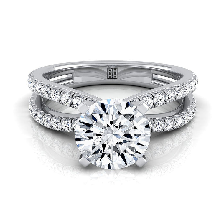 The Carole Two Row Pavé Split Shank Round Engagement Ring Setting in 18K White Gold