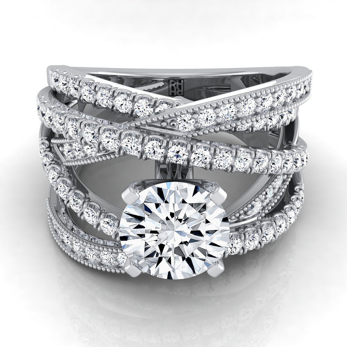 Violetta Select Multi Layer Interweave Pavé Solitaire Round Lab Diamond Engagement Ring in 18K White Gold | RockHer