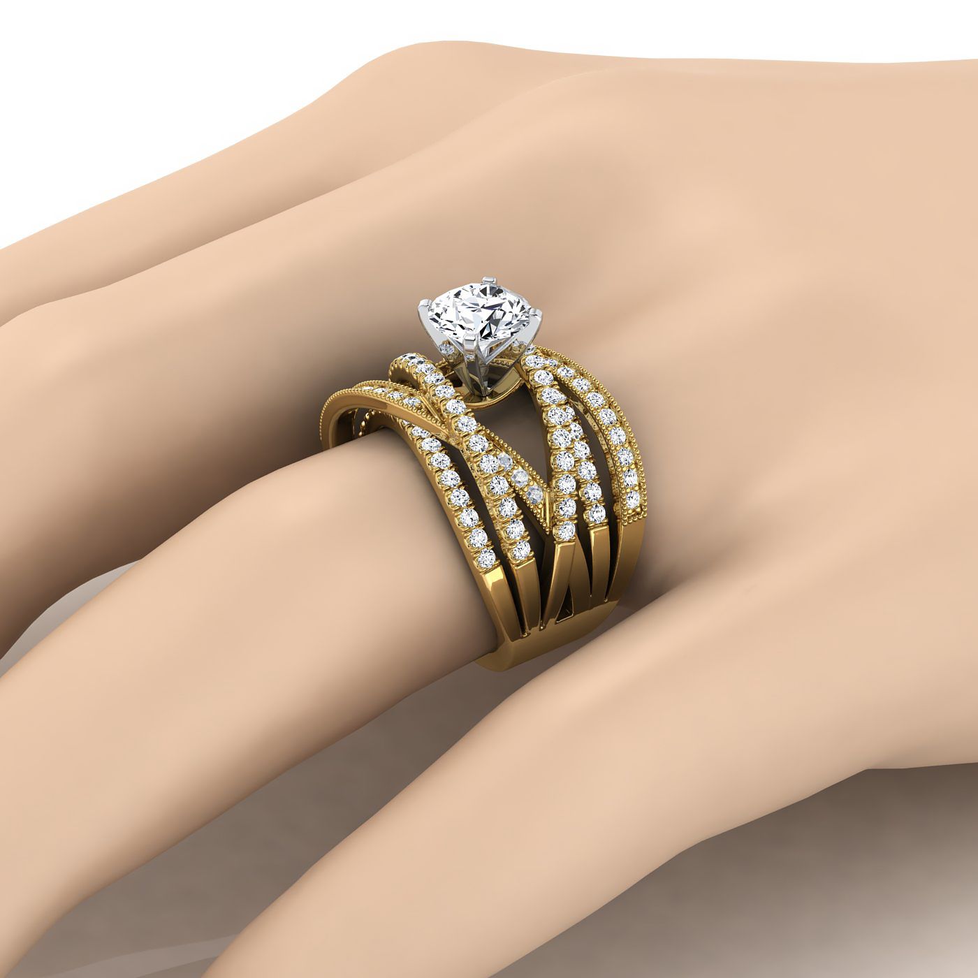 The Violetta engagement ring setting, select multi layer interweave pavé, round, 18K Yellow Gold | RockHer