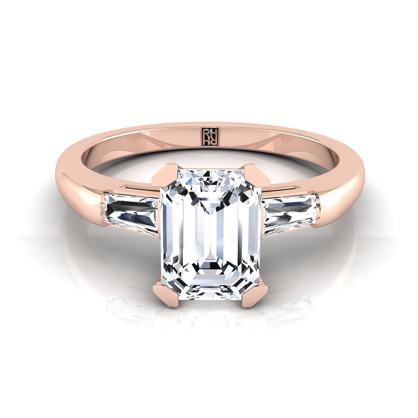 Caroline Select Three Stone Emerald Cut Lab Diamond Engagement Ring in 14K Rose Gold | RockHer