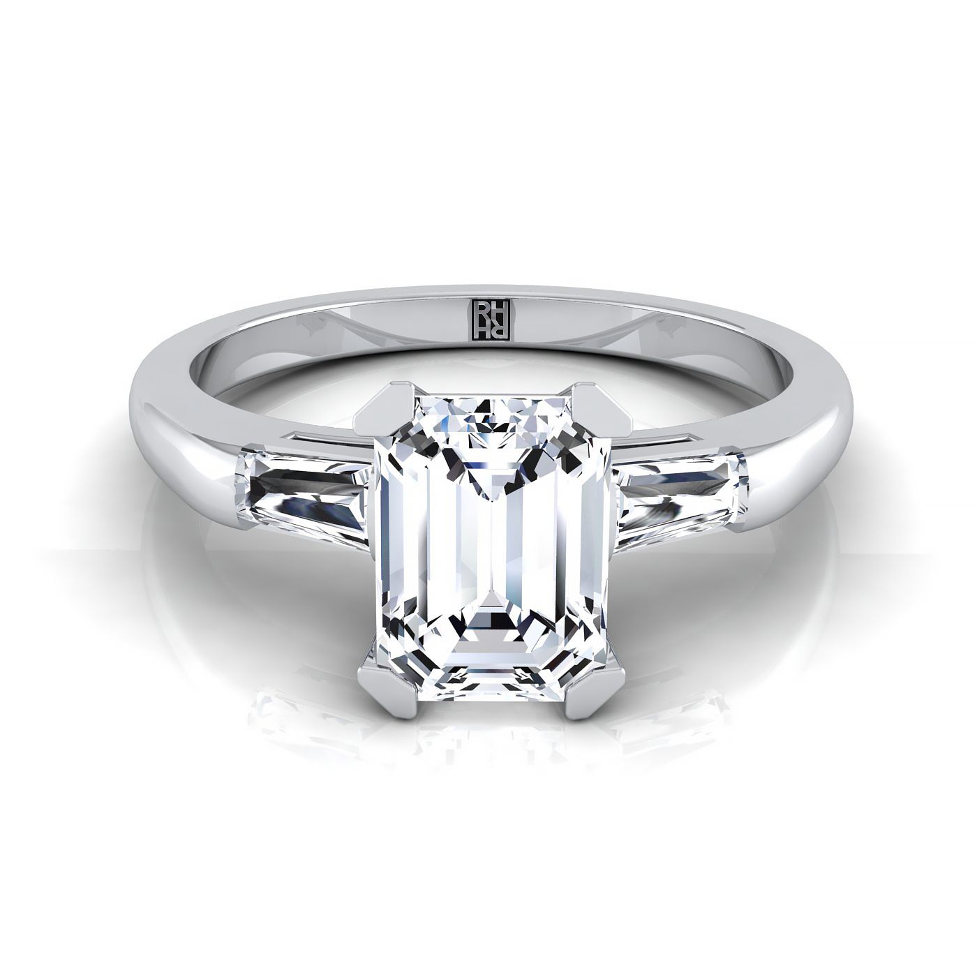 Caroline Select Three Stone Emerald Cut Lab Diamond Engagement Ring in 18K White Gold | RockHer