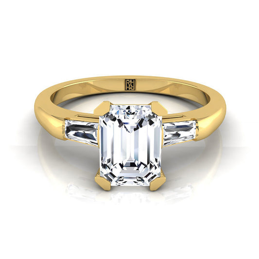 18K Yellow Gold Emerald Cut Diamond Three Stone Tapered Baguette Engagement Ring -1/5ctw