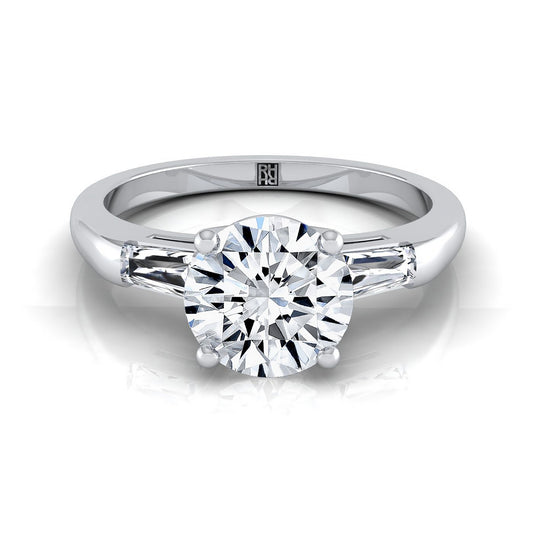 18K White Gold Round Brilliant Diamond Three Stone Tapered Baguette Engagement Ring -1/5ctw