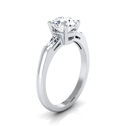Round Brilliant, Tapered Baguette Three Stone Round, in 18K White Gold – side profile | RockHer