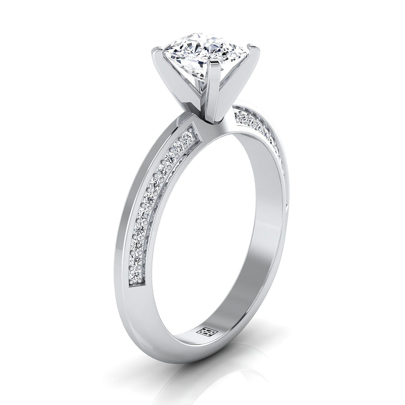 RockHer atelier photo of The Clover cushion engagement ring setting in 18K White Gold
