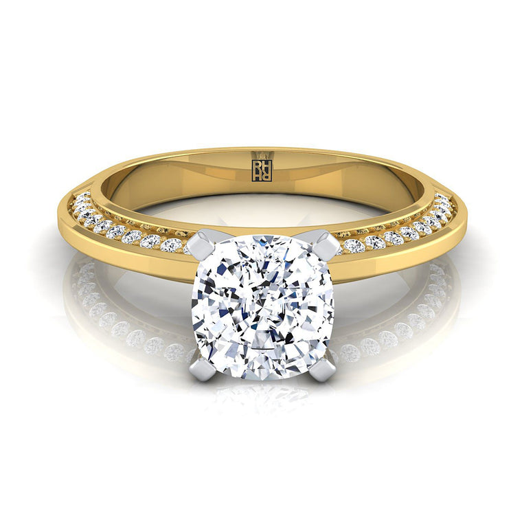 The Clover Knife Edge Pavé Cushion Cut Engagement Ring Setting in 18K Yellow Gold