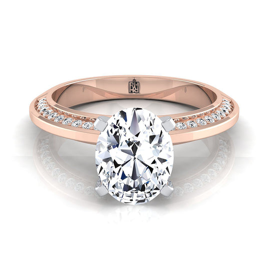 14K Rose Gold Oval Diamond Knife Edge Micropave Engagement Ring -1/5ctw