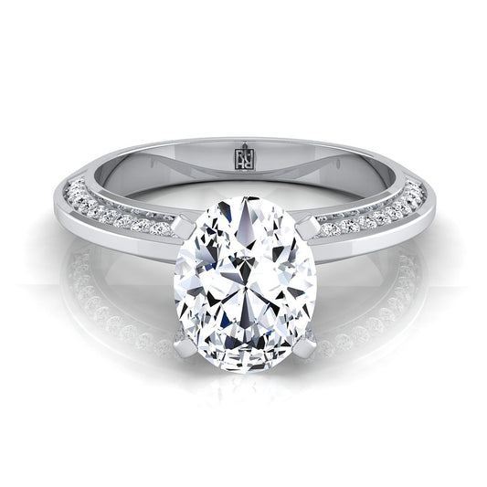 18K White Gold Oval Diamond Knife Edge Micropave Engagement Ring -1/5ctw