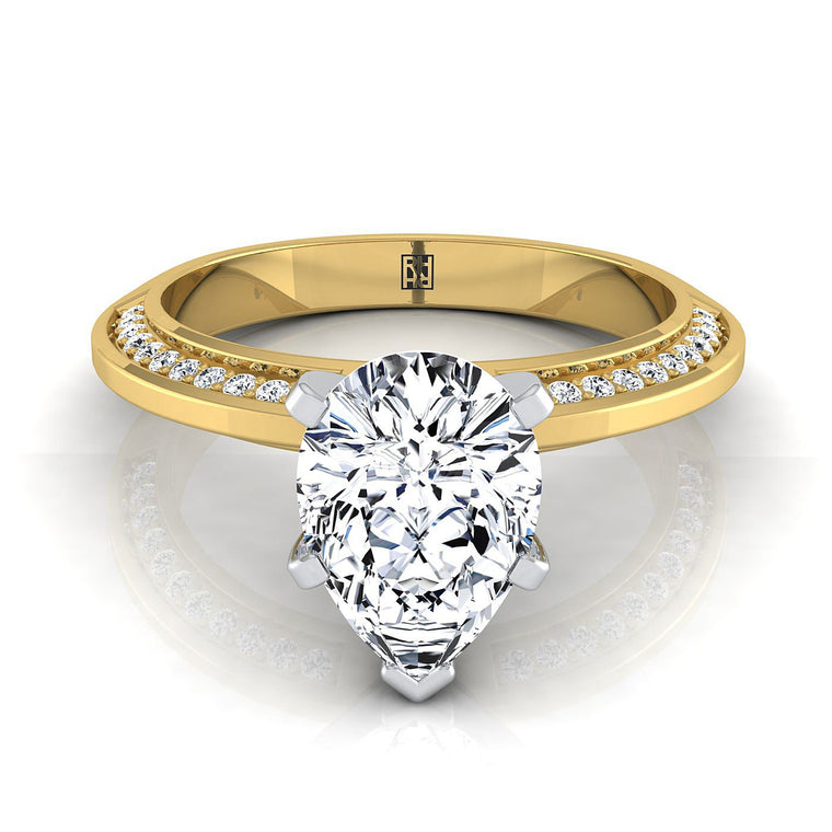 The Clover Knife Edge Pavé Pear Engagement Ring Setting in 18K Yellow Gold