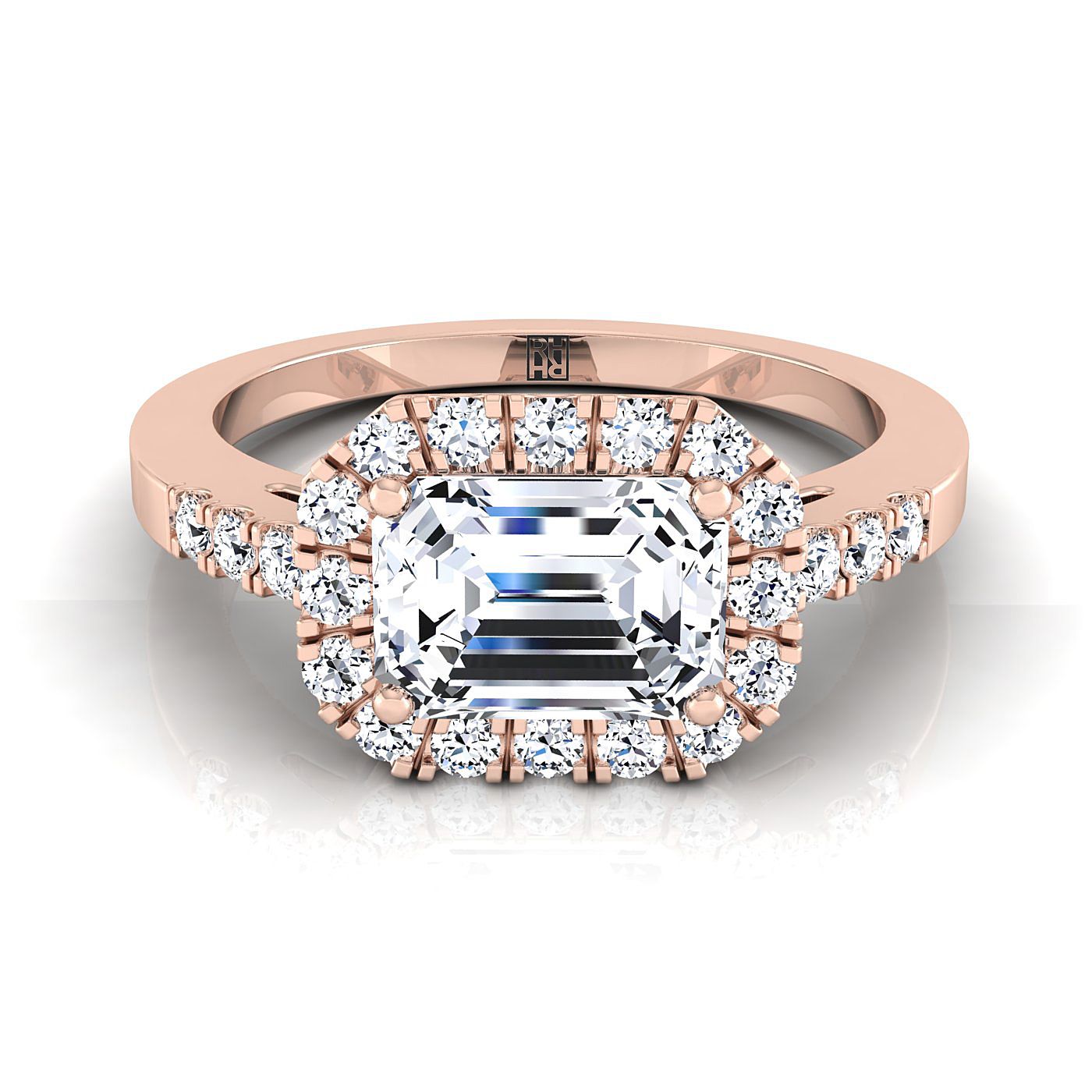 Crimson Select East West Horizontal Halo Emerald Cut Lab Diamond Engagement Ring in 14K Rose Gold | RockHer