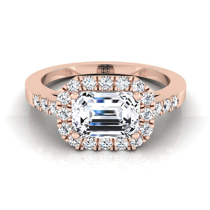 Crimson Select east west horizontal halo emerald cut emerald cut ring in 14K Rose Gold — view — RockHer
