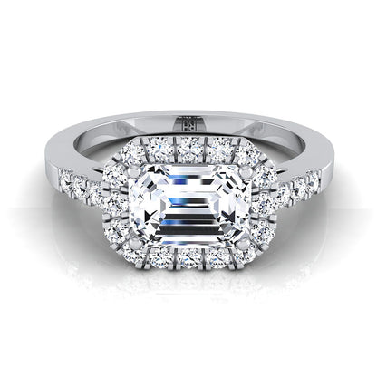 European Cut, East West Horizontal Halo Emerald, in 18K White Gold | RockHer