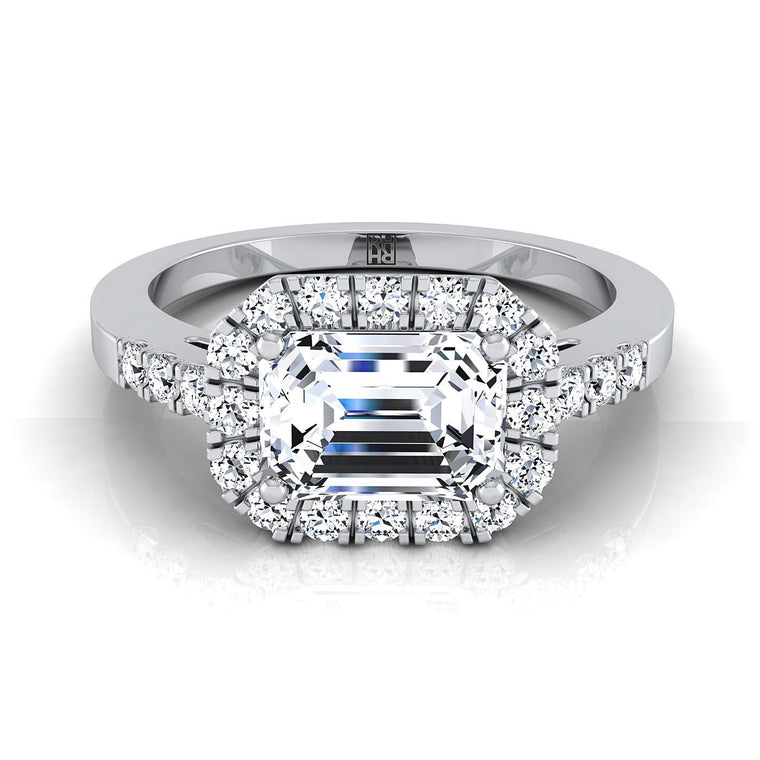 The Crimson East West Horizontal Halo Emerald Cut Engagement Ring Setting in 18K White Gold