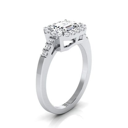 European Cut, East West Horizontal Halo Emerald, in 18K White Gold – side profile | RockHer