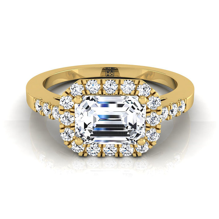 European Cut, East West Horizontal Halo Emerald, in 18K Yellow Gold | RockHer