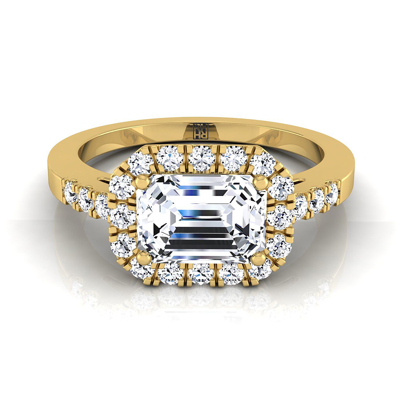 Crimson Select Halo Emerald Cut Lab Diamond Engagement Ring in 18K Yellow Gold | RockHer