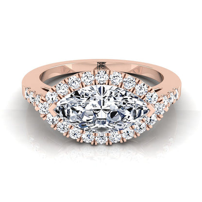 East West Horizontal Halo Marquise, in 14K Rose Gold, pave setting | RockHer