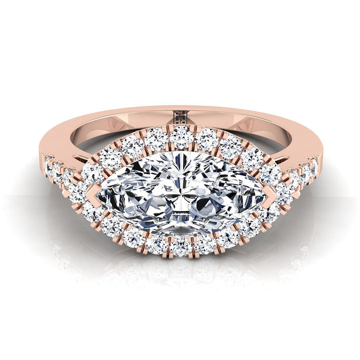 East West Horizontal Halo Marquise, in 14K Rose Gold, pave setting | RockHer