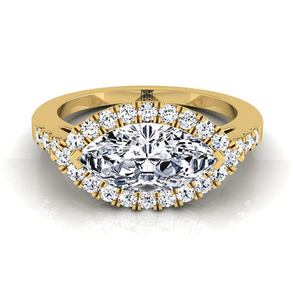 East West Horizontal Halo Marquise, in 18K Yellow Gold | RockHer
