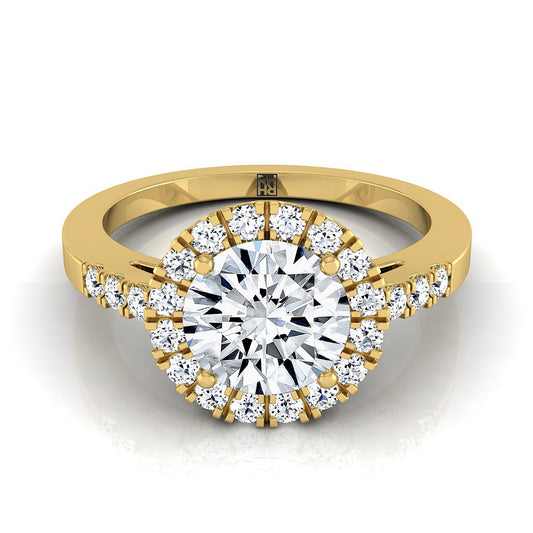 18K Yellow Gold Round Brilliant Diamond Horizontal Fancy East West Halo Engagement Ring -1/3ctw