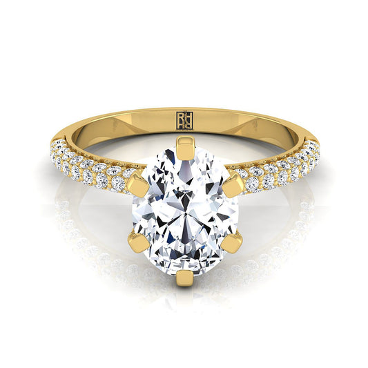 18K Yellow Gold Oval Diamond Three Row French Pave Simple Engagement Ring -1/3ctw