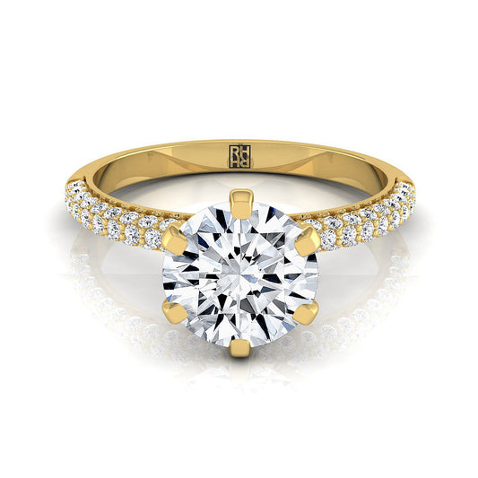 14K Yellow Gold Round Brilliant Diamond Three Row French Pave Simple Engagement Ring -1/3ctw