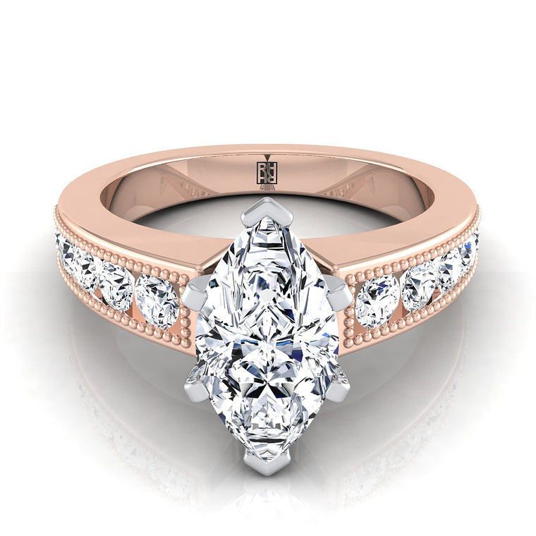 The Eleanor Antique Milgrain Channel Solitaire Marquise Engagement Ring Setting in 14K Rose Gold