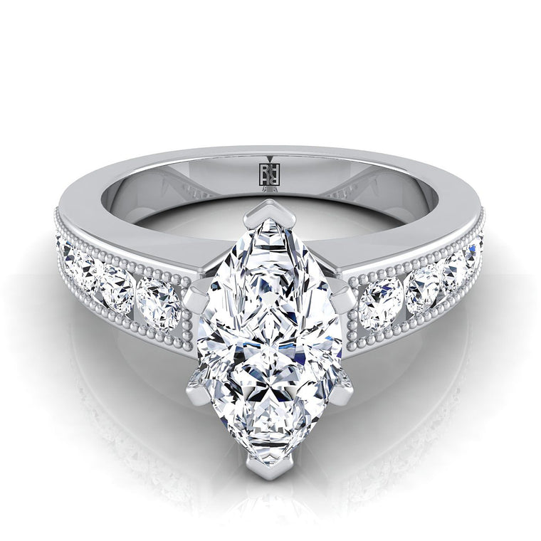 The Eleanor Antique Milgrain Channel Solitaire Marquise Engagement Ring Setting in 18K White Gold