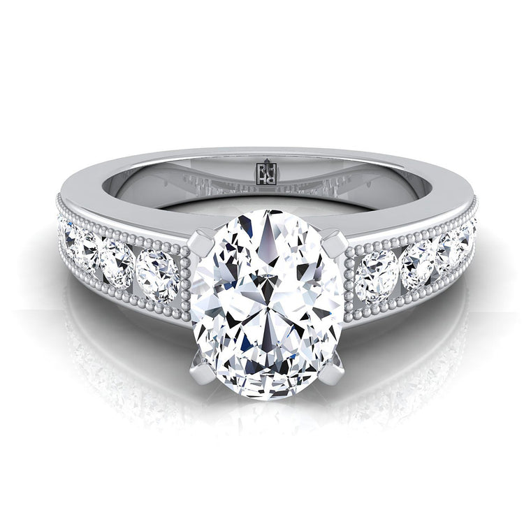 The Eleanor Antique Milgrain Channel Solitaire Oval Engagement Ring Setting in 18K White Gold