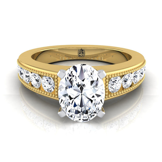 14K Yellow Gold Oval Diamond Antique Milgrain Bead and Channel Set Engagement Ring -1/2ctw