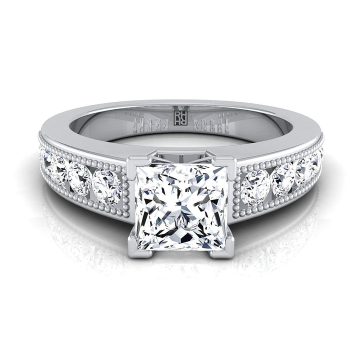 Antique Milgrain Channel Solitaire Princess, in 18K White Gold | RockHer