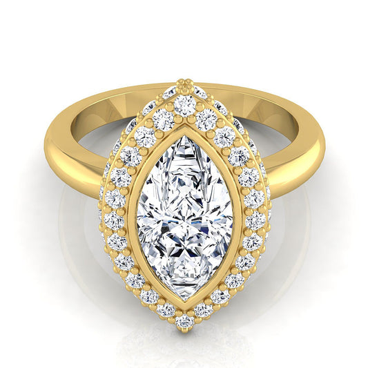 14K Yellow Gold Marquise  Bezel Pave 3D Halo Solitaire Engagement Ring