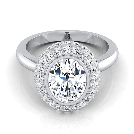 14K White Gold Oval Bezel Pave 3D Halo Solitaire Engagement Ring