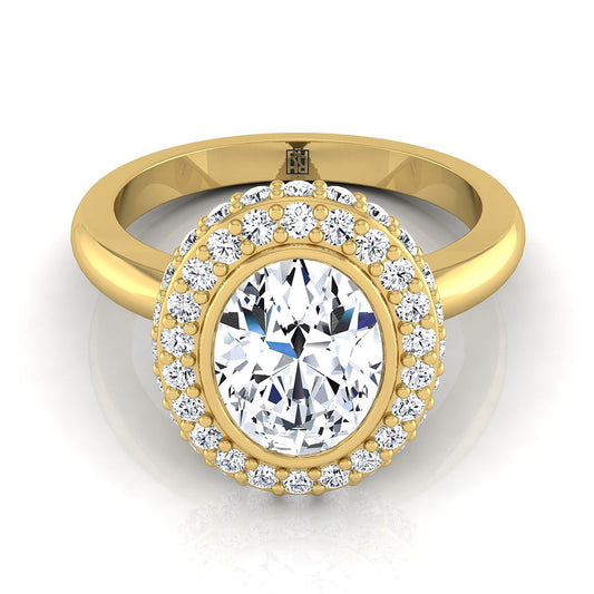 14K Yellow Gold Oval Bezel Pave 3D Halo Solitaire Engagement Ring