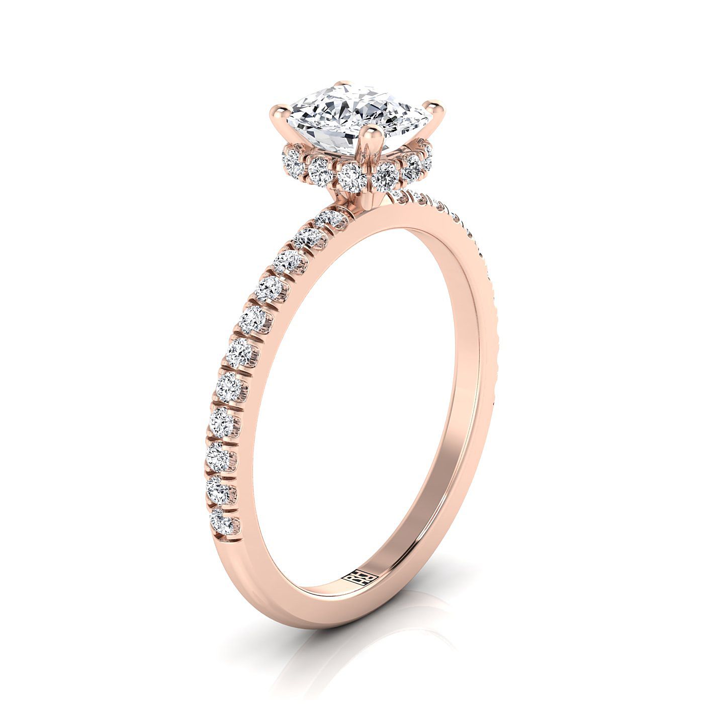 Select Hidden Halo Pavé Cut styling on The Elliott cushion engagement ring setting | RockHer