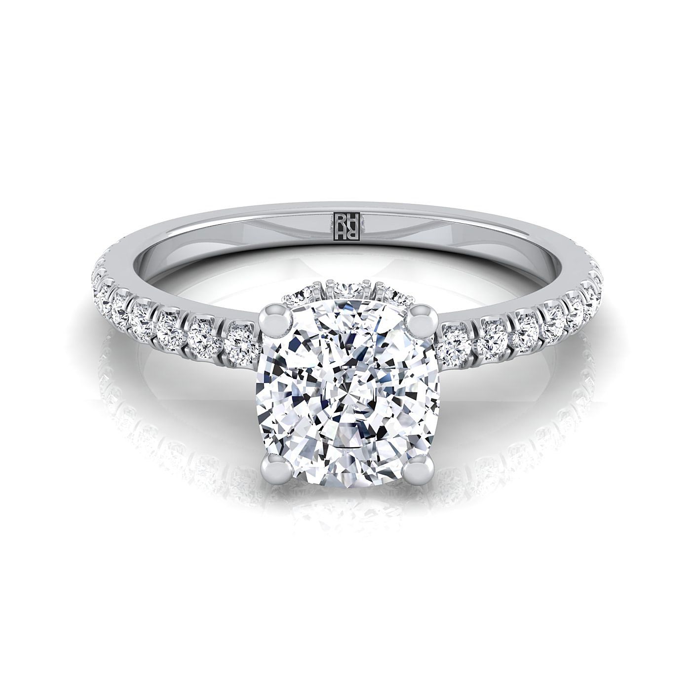 Elliott Select Hidden Halo Pavé Cushion Cut Lab Diamond Engagement Ring in Platinum | RockHer