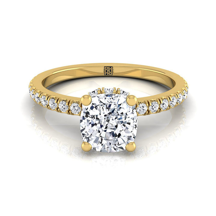 Secret Halo French Pavé Solitaire Cushion, in 18K Yellow Gold | RockHer
