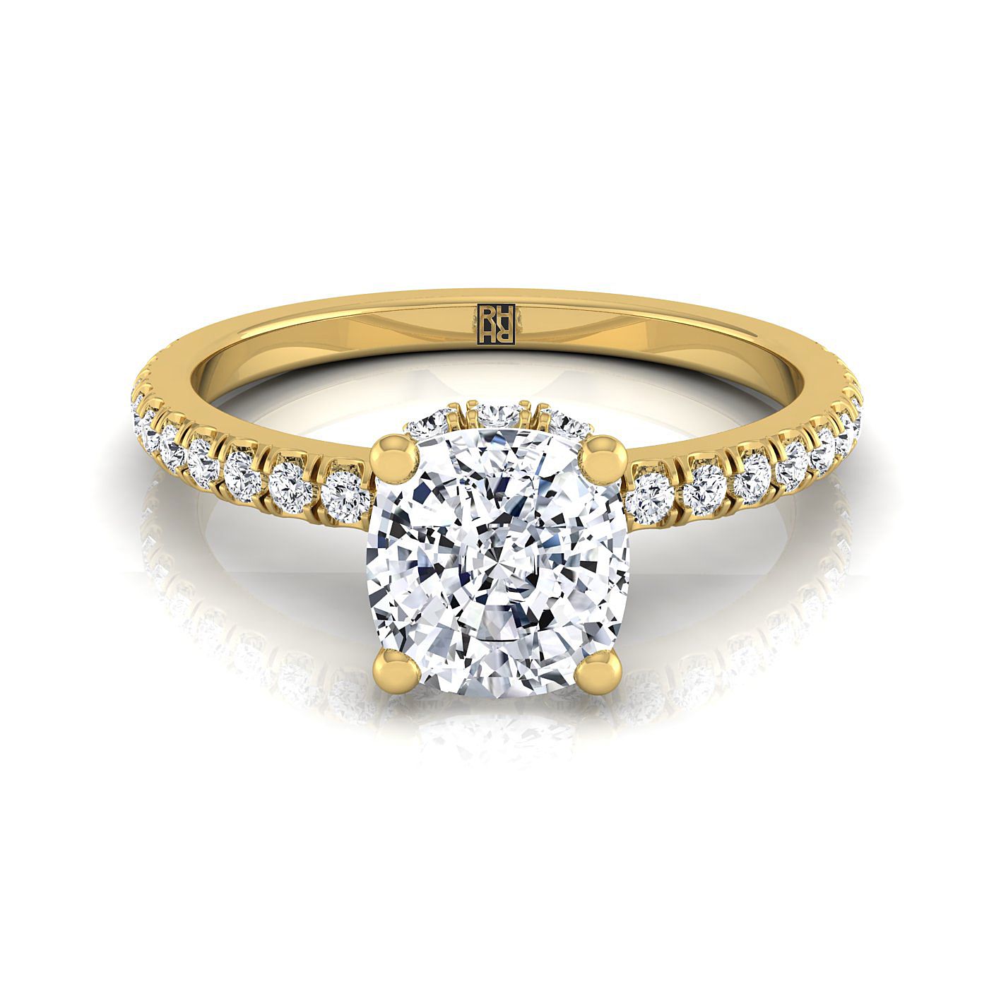 Elliott Select Hidden Halo Pavé Cushion Cut Lab Diamond Engagement Ring in 18K Yellow Gold | RockHer