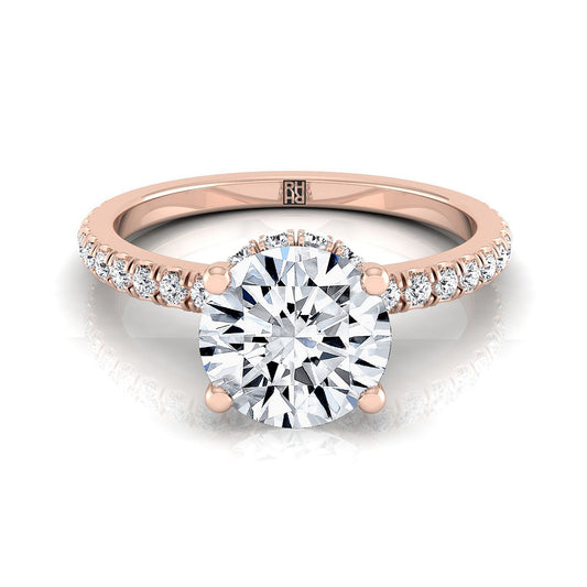 14K Rose Gold Round Brilliant Diamond Secret Diamond Halo French Pave Solitaire Engagement Ring -1/3ctw