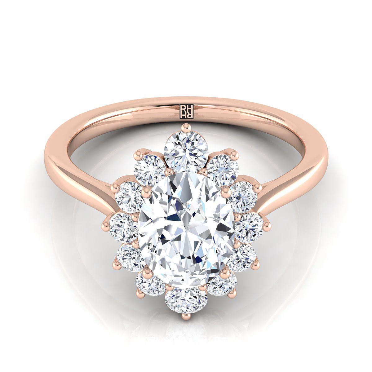 The Eloise oval setting in 14K Rose Gold, a select floral halo design from RockHer